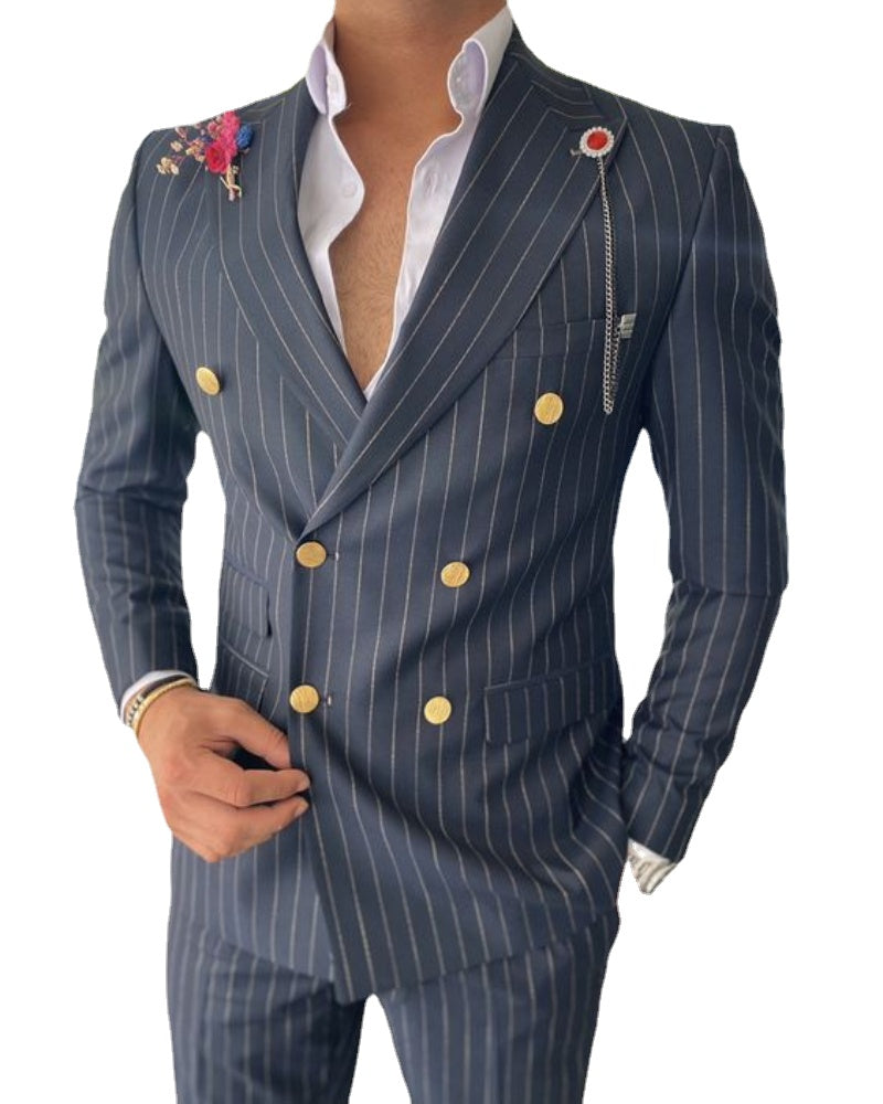 Black Striped Men Suits for Weding 2 Pieces Double Breasted Groom Blazer Homme Social Business Office Jacket Pants
