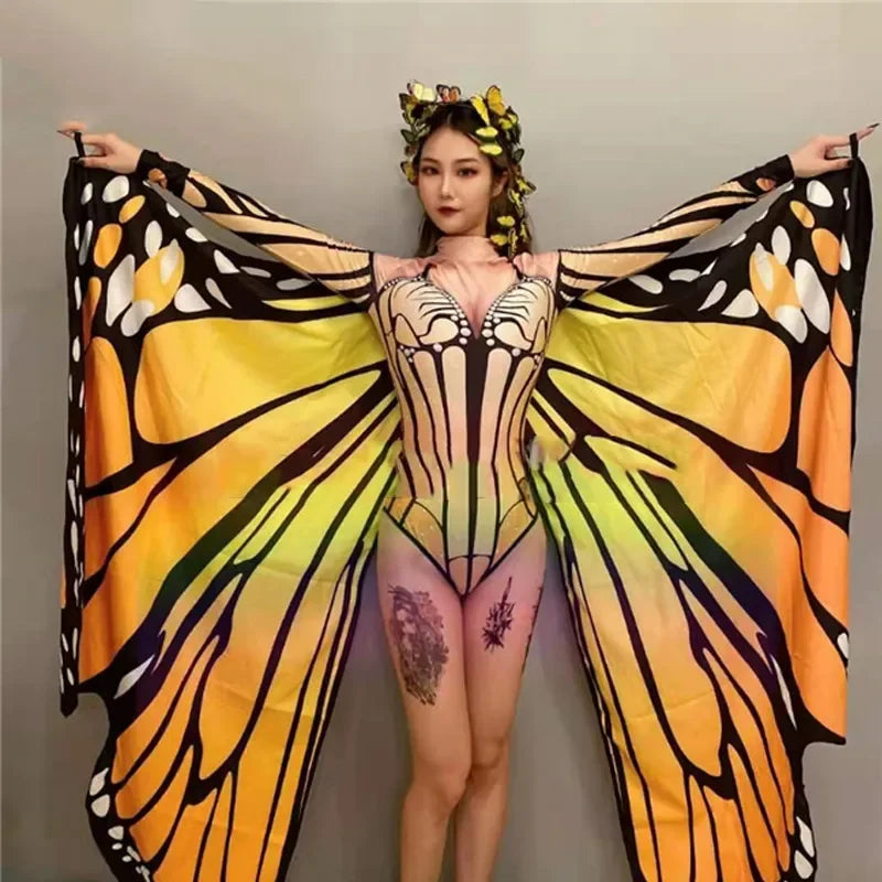 Adult Nightclub Female Singer Sexy Butterfly Wings Jumpsuit Gogo Dancer Rave Outfit Jazz Dance Bodysuit