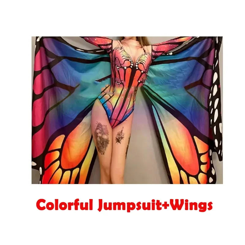 Adult Nightclub Female Singer Sexy Butterfly Wings Jumpsuit Gogo Dancer Rave Outfit Jazz Dance Bodysuit