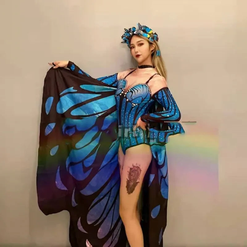 Adult Nightclub Female Singer Sexy Butterfly Wings Jumpsuit Gogo Dancer Rave Outfit Jazz Dance Bodysuit