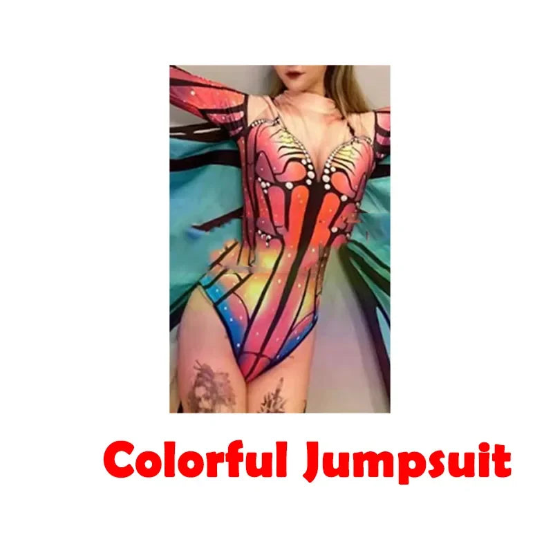 Adult Nightclub Female Singer Sexy Butterfly Wings Jumpsuit Gogo Dancer Rave Outfit Jazz Dance Bodysuit