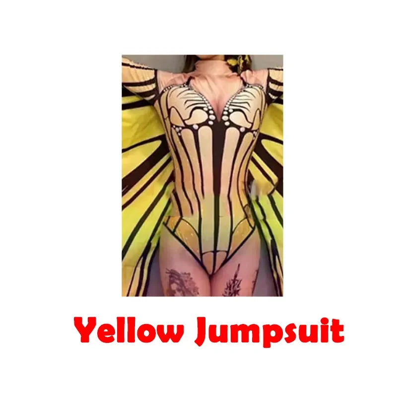 Adult Nightclub Female Singer Sexy Butterfly Wings Jumpsuit Gogo Dancer Rave Outfit Jazz Dance Bodysuit