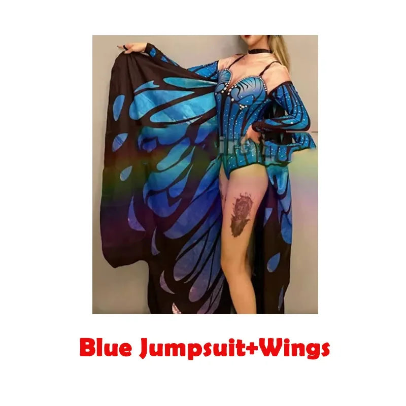Adult Nightclub Female Singer Sexy Butterfly Wings Jumpsuit Gogo Dancer Rave Outfit Jazz Dance Bodysuit