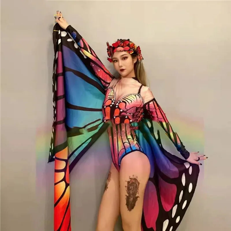 Adult Nightclub Female Singer Sexy Butterfly Wings Jumpsuit Gogo Dancer Rave Outfit Jazz Dance Bodysuit