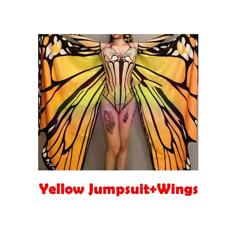 Adult Nightclub Female Singer Sexy Butterfly Wings Jumpsuit Gogo Dancer Rave Outfit Jazz Dance Bodysuit