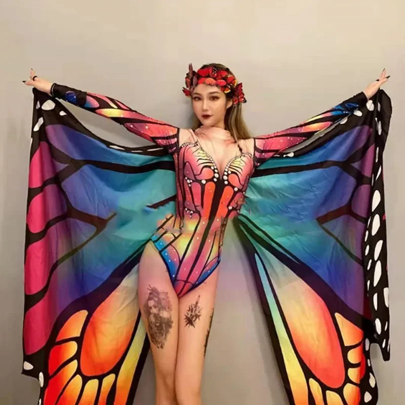 Adult Nightclub Female Singer Sexy Butterfly Wings Jumpsuit Gogo Dancer Rave Outfit Jazz Dance Bodysuit