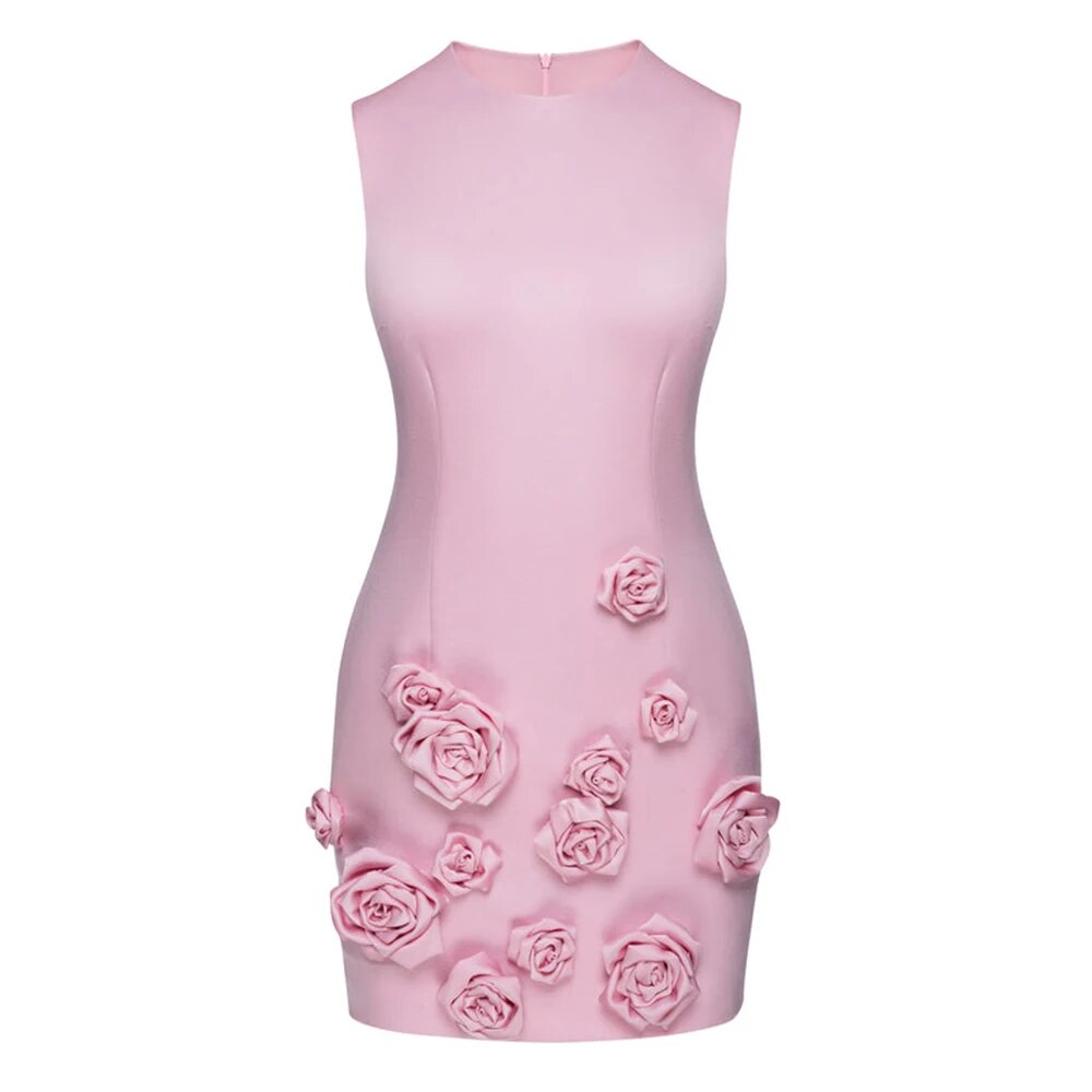 New Women's Pink 3D Flower Sexy Sleeveless Round Neck Tight Mini Dress Slim Fit Elegant Celebrity Party Dress