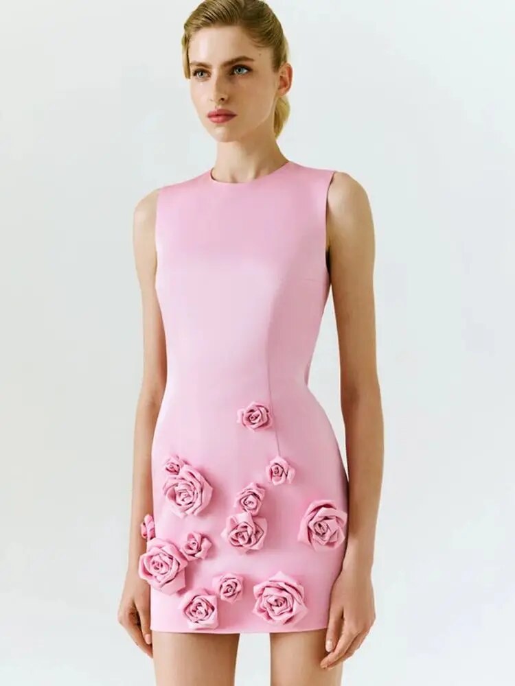 New Women's Pink 3D Flower Sexy Sleeveless Round Neck Tight Mini Dress Slim Fit Elegant Celebrity Party Dress