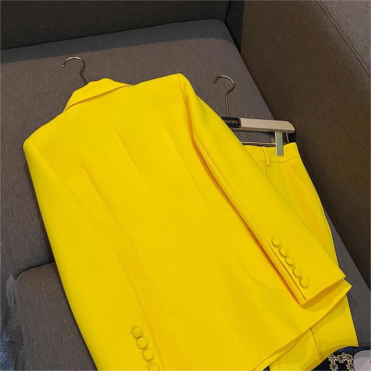All Season Lemon Yellow Office Lady Suit Double-breasted Long Sleeve Blazer Flared Pants Women Solid 2PCS