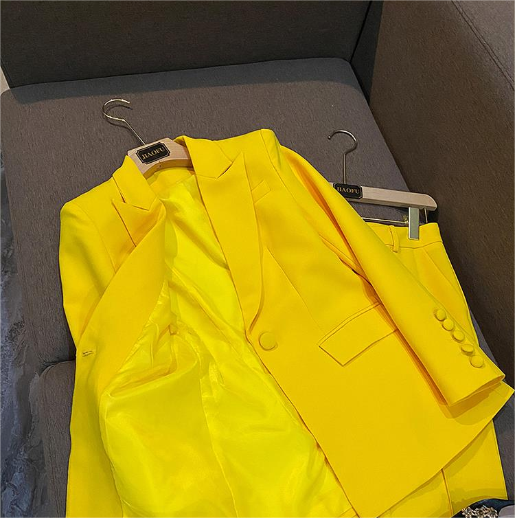 All Season Lemon Yellow Office Lady Suit Double-breasted Long Sleeve Blazer Flared Pants Women Solid 2PCS