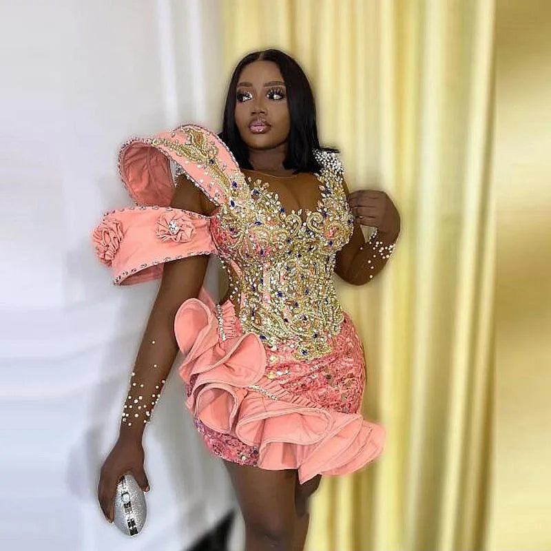 Pink Short Prom Dresses Crystals Beaded Sheer Neck Illusion Long Sleeves African Women Above Knee Birthday Party Gowns