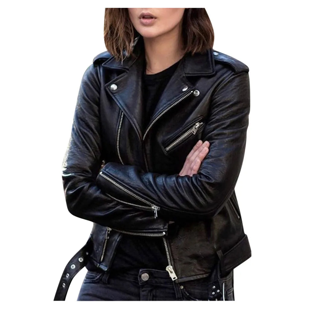 Autumn Short Jacket Solid Revers Female Moto Biker Jackets Thin Ladies Cool Faux Leather Jacket Slim Short Leather Outwear