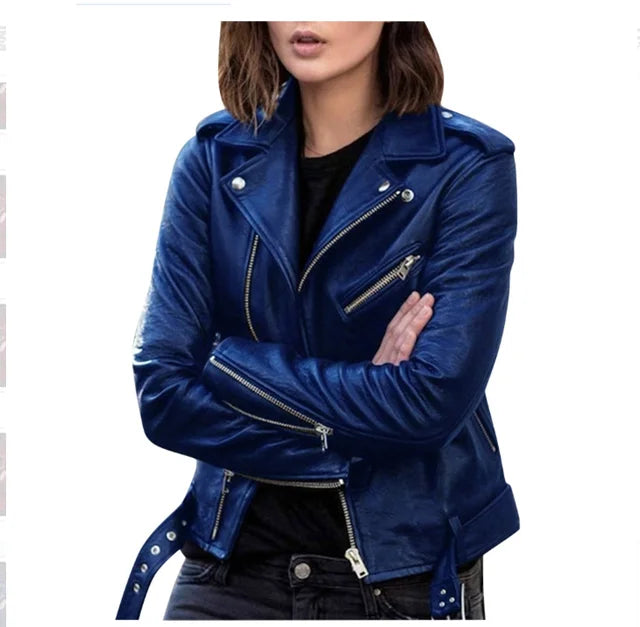 Autumn Short Jacket Solid Revers Female Moto Biker Jackets Thin Ladies Cool Faux Leather Jacket Slim Short Leather Outwear