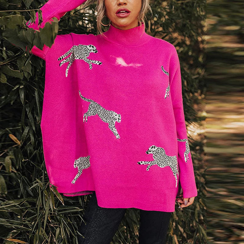 Autumn Winter Leopard Print Sweatshirt Women Turtleneck Long Sleeve Loose Blouses For Women Casual Jumper
