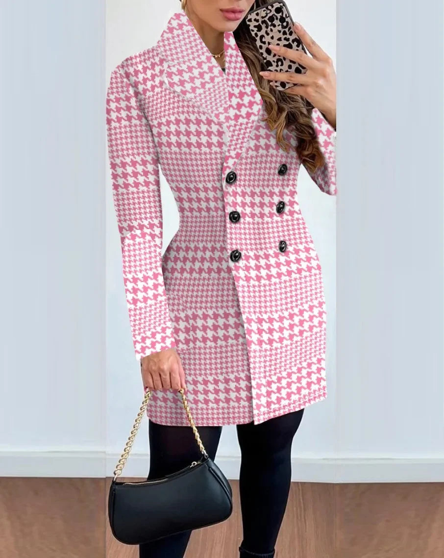 Autumn Winter Plaid Woolen Coat Dress Women Causal Office Ladies V-neck Double Breasted Slim Woolen Coat Dress Woman