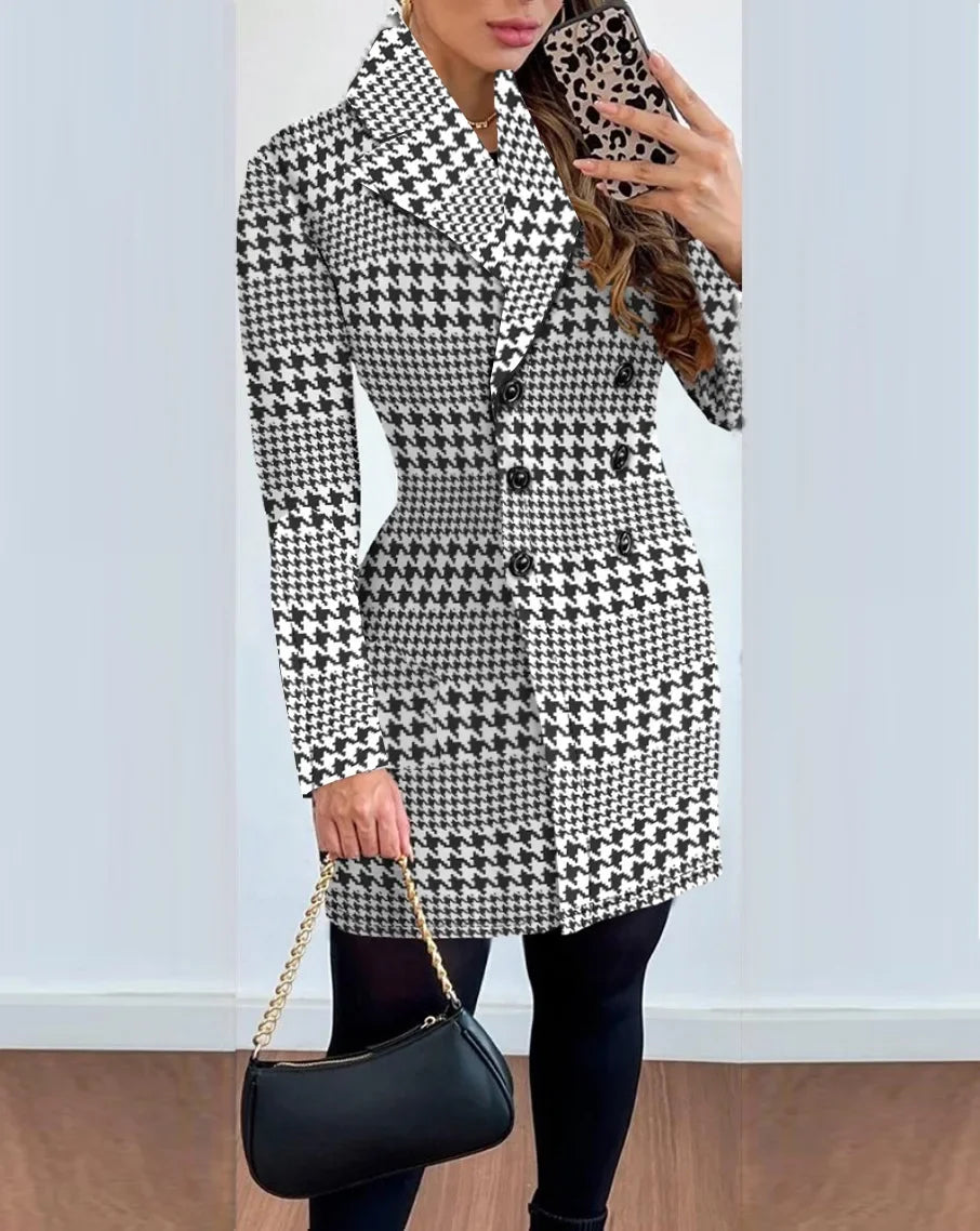 Autumn Winter Plaid Woolen Coat Dress Women Causal Office Ladies V-neck Double Breasted Slim Woolen Coat Dress Woman