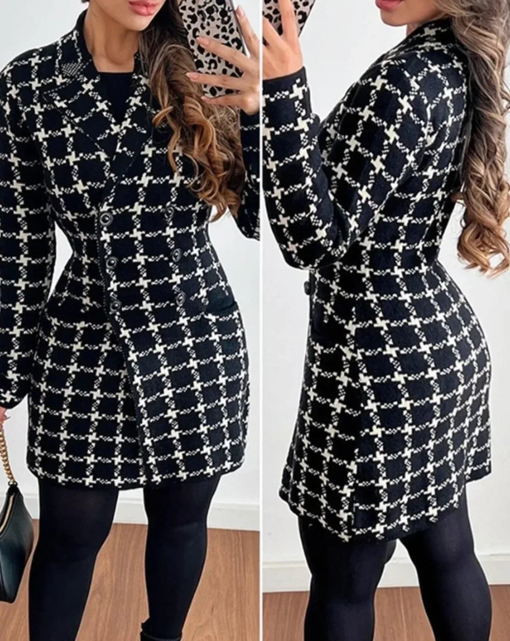 Autumn Winter Plaid Woolen Coat Dress Women Causal Office Ladies V-neck Double Breasted Slim Woolen Coat Dress Woman