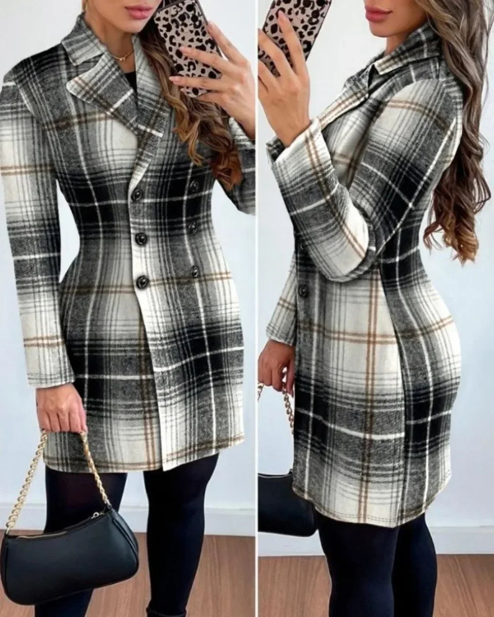 Autumn Winter Plaid Woolen Coat Dress Women Causal Office Ladies V-neck Double Breasted Slim Woolen Coat Dress Woman
