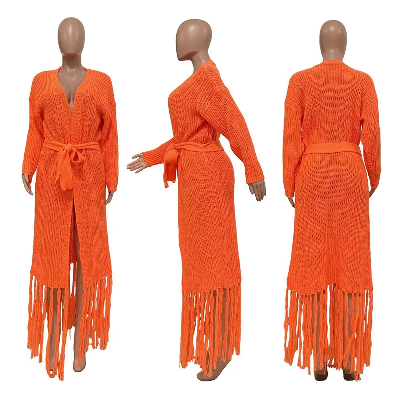 Autumn Winter Tassel Cardigans Sweater Women Clothing Long Sleeve Open Stitch Extra Long Knitted Coat Outerwear Sueters De Mujer