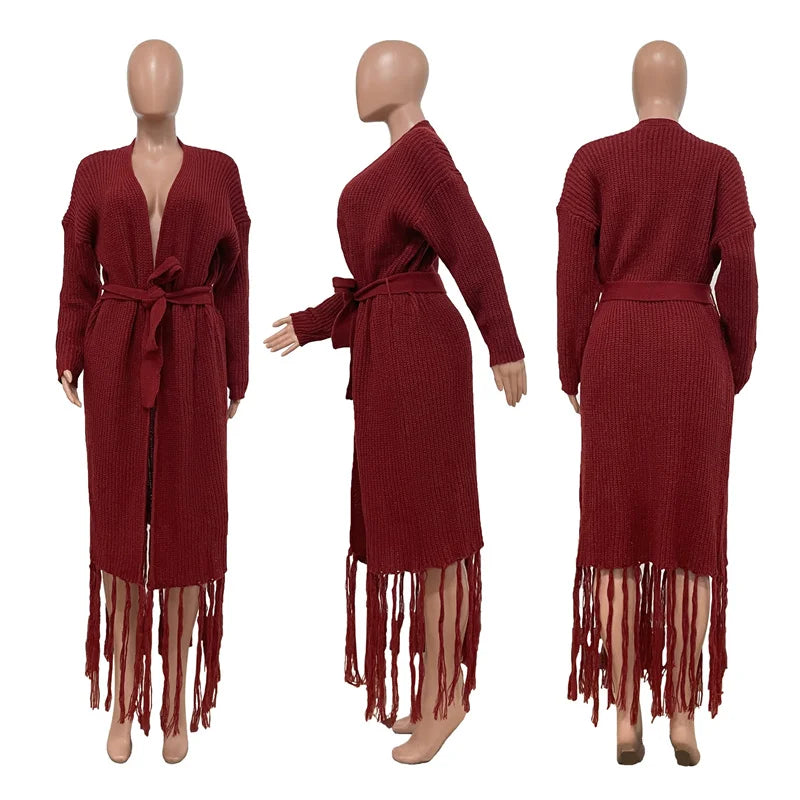 Autumn Winter Tassel Cardigans Sweater Women Clothing Long Sleeve Open Stitch Extra Long Knitted Coat Outerwear Sueters De Mujer