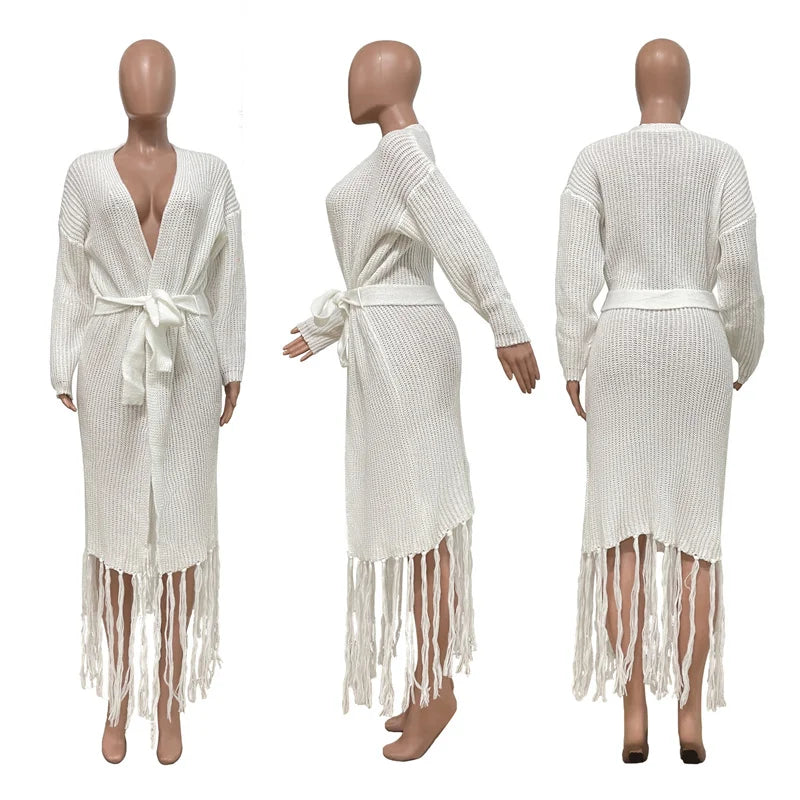 Autumn Winter Tassel Cardigans Sweater Women Clothing Long Sleeve Open Stitch Extra Long Knitted Coat Outerwear Sueters De Mujer