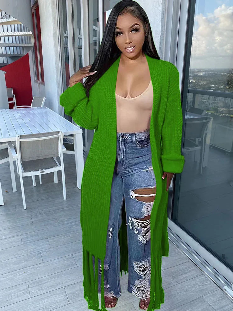 Autumn Winter Tassel Cardigans Sweater Women Clothing Long Sleeve Open Stitch Extra Long Knitted Coat Outerwear Sueters De Mujer