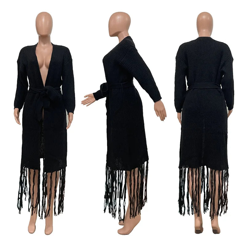 Autumn Winter Tassel Cardigans Sweater Women Clothing Long Sleeve Open Stitch Extra Long Knitted Coat Outerwear Sueters De Mujer