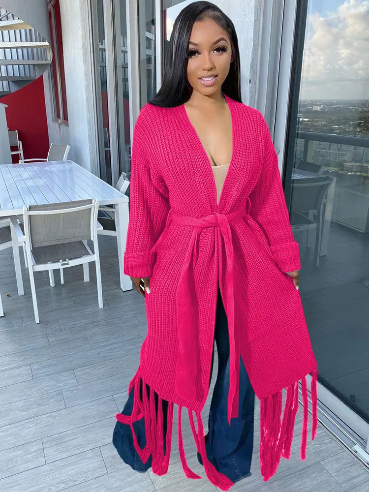 Autumn Winter Tassel Cardigans Sweater Women Clothing Long Sleeve Open Stitch Extra Long Knitted Coat Outerwear Sueters De Mujer