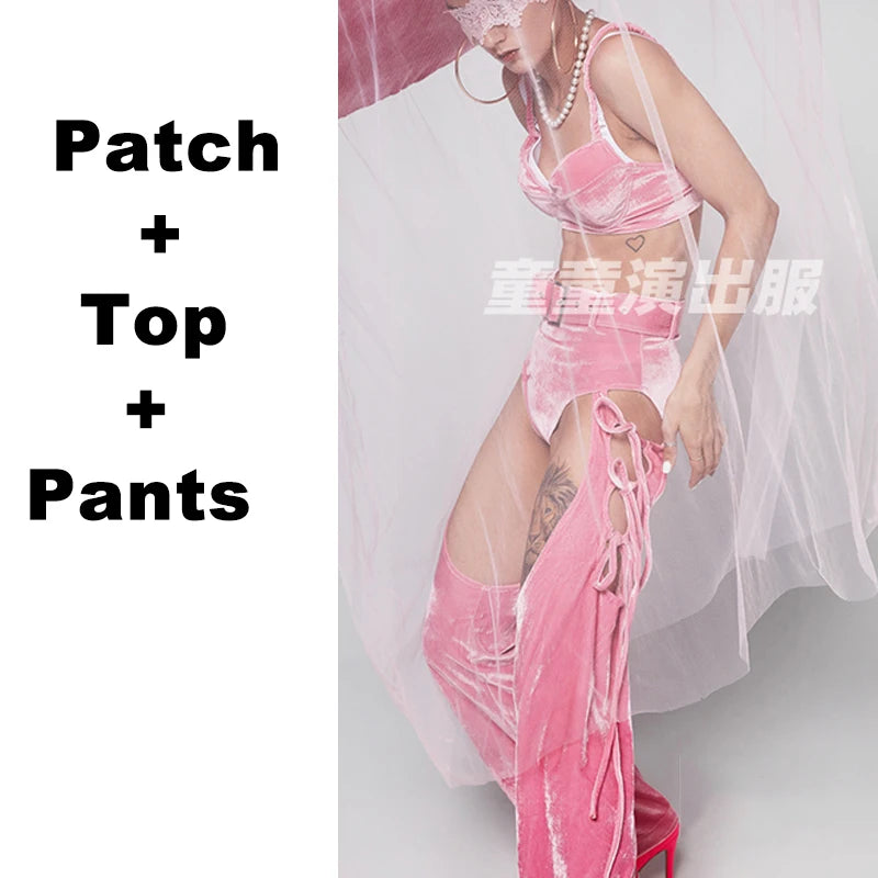 Bar Nightclub Dj Ds Gogo Dance Costume Sexy Pink Velvet Top Hollow Pants Women Pole Dance Clothing Stage Rave Outfit