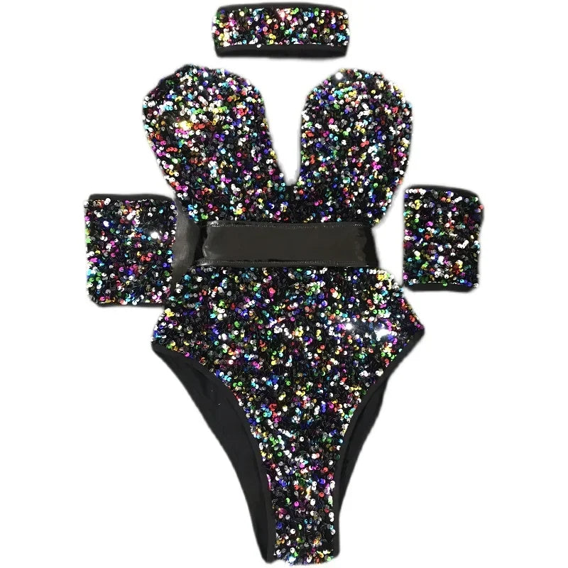 Bar Nightclub Female Singer Dancer Stage Wear Sexy Sequins Bodysuit Outfit Jazz Dance Team Performance Costume Sliver Red Green