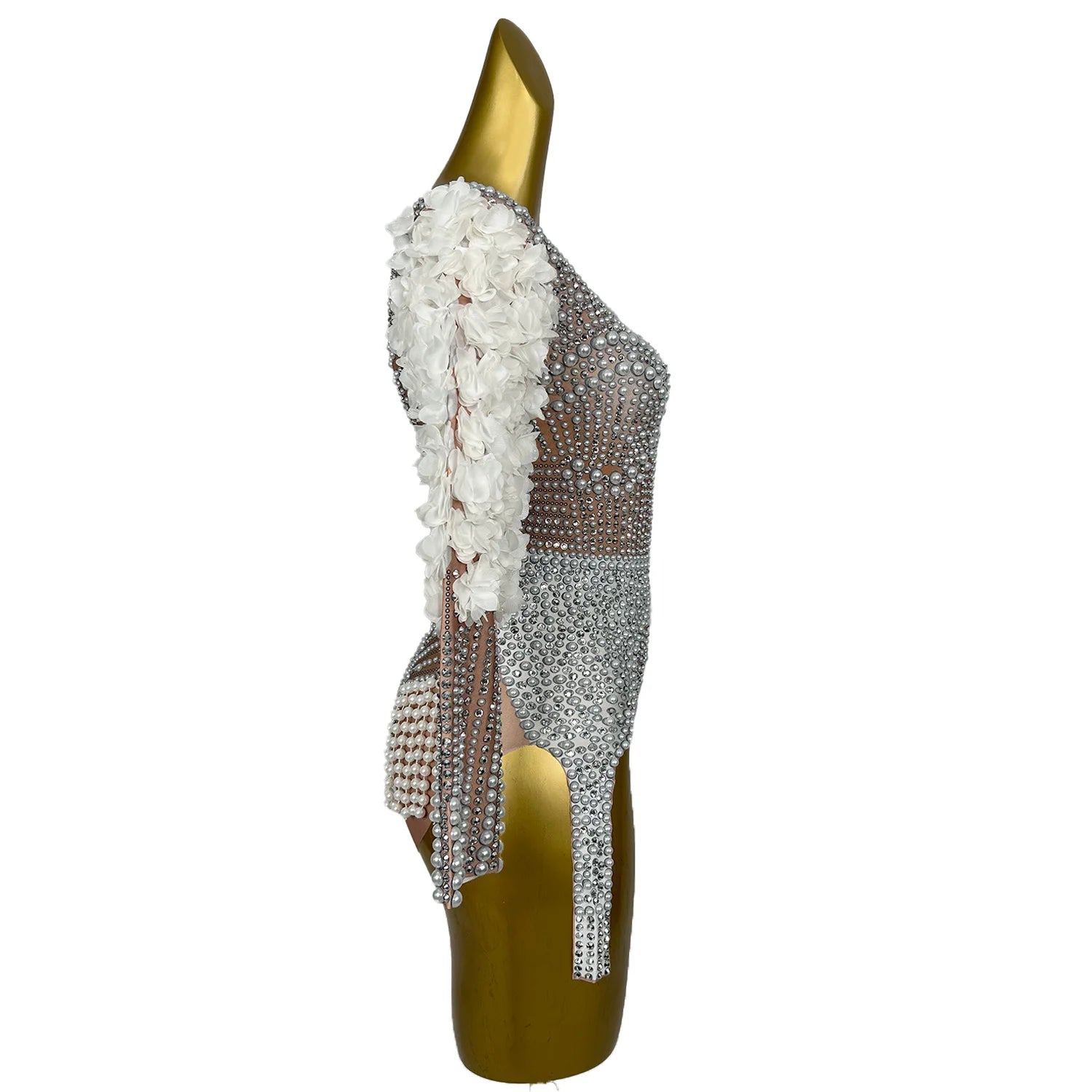 Beading Leotard Stage Performance Clothes for Women White Flower Pearl Bodysuit Dancer Birthday Evening Party Costume