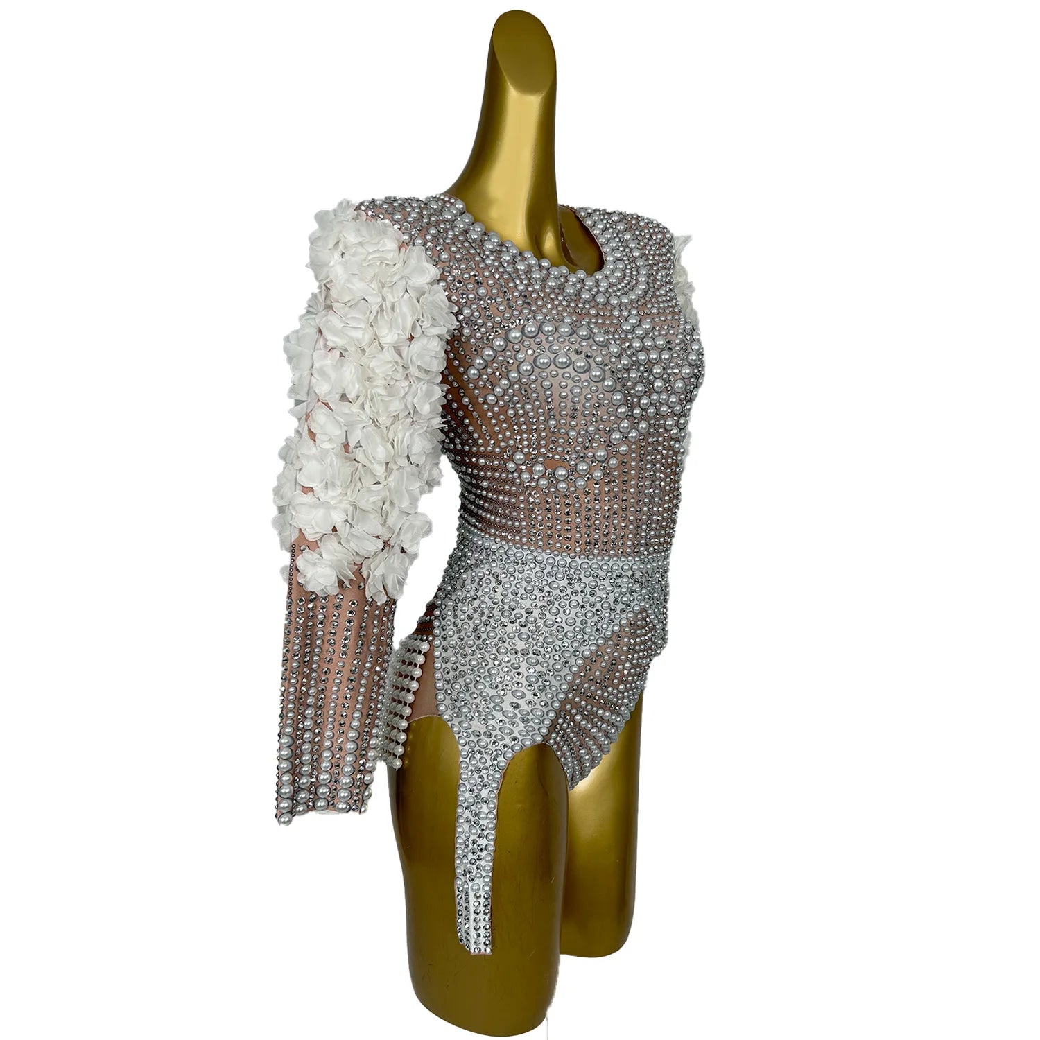 Beading Leotard Stage Performance Clothes for Women White Flower Pearl Bodysuit Dancer Birthday Evening Party Costume
