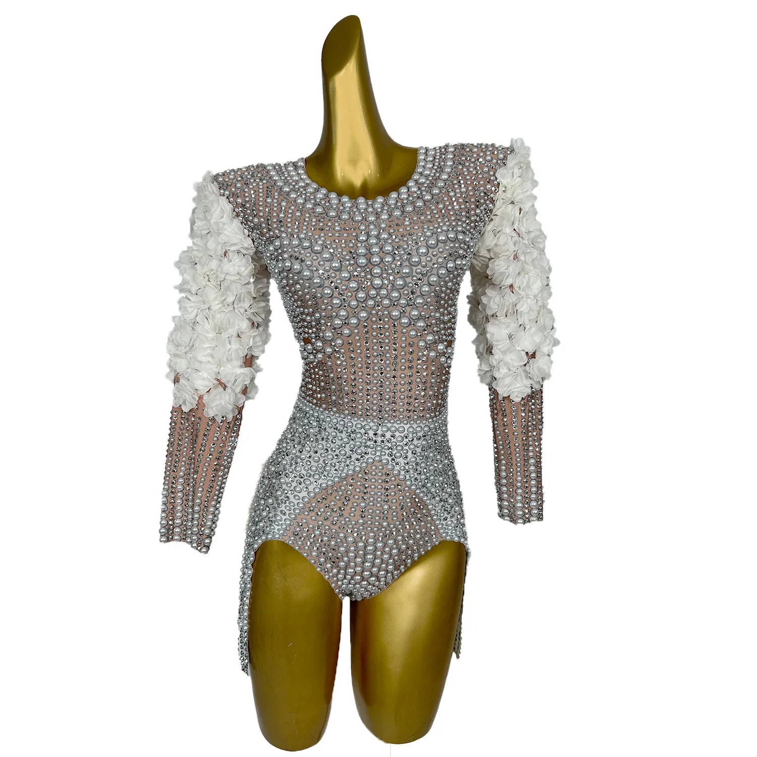 Beading Leotard Stage Performance Clothes for Women White Flower Pearl Bodysuit Dancer Birthday Evening Party Costume