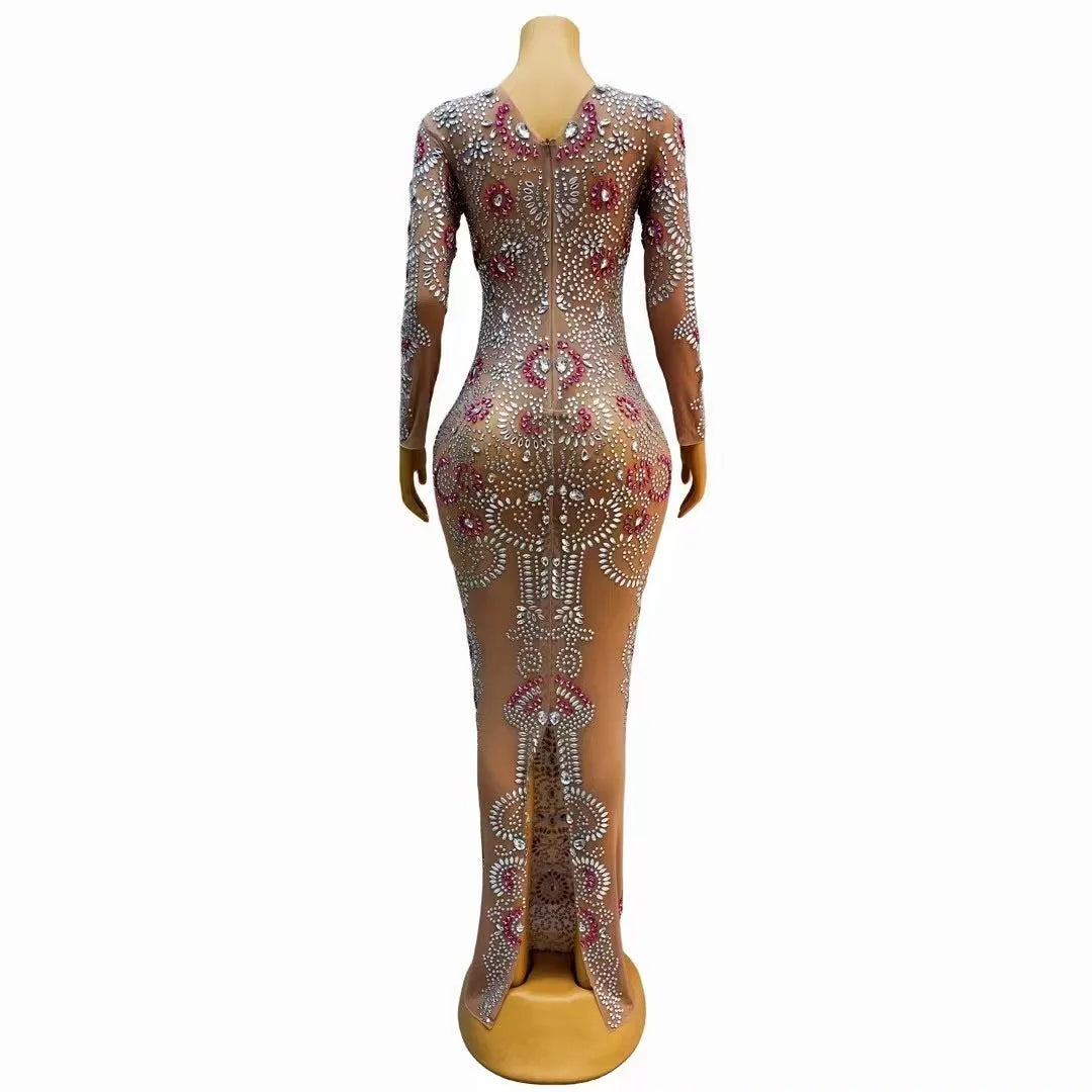 Birthday Celebrate Sexy Stage Nude Transparent Silver Pink Rhinestone Crystals Dress Nightclub Outfit Prom Party Dancer Dress