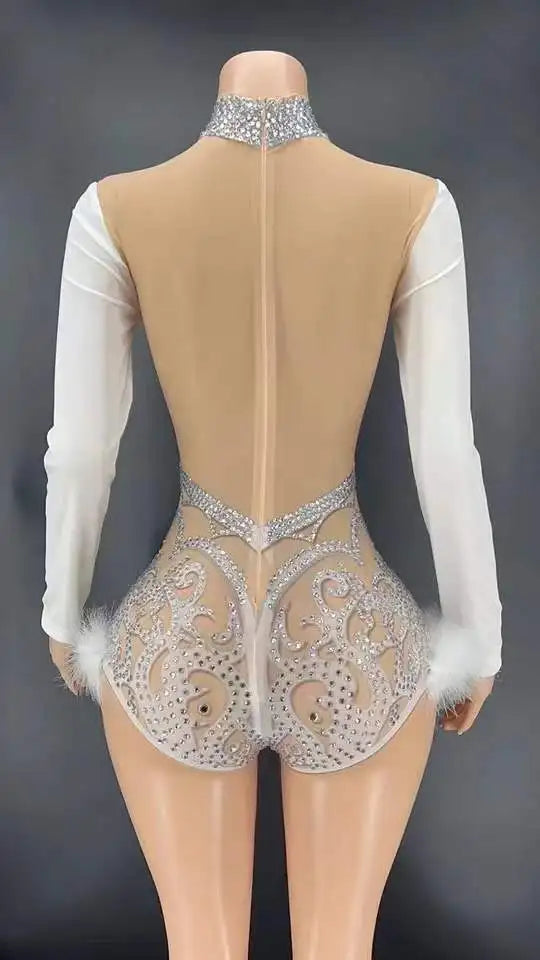 Leotard  Women Sexy Stage Sparkly Rhinestone Long Sleeve Transparent Feather Bodysuit