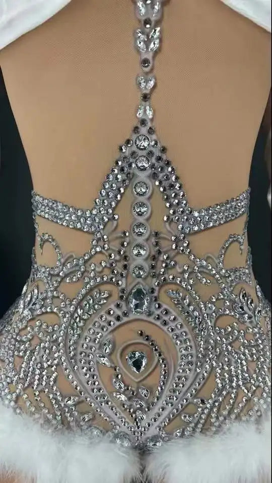 Leotard  Women Sexy Stage Sparkly Rhinestone Long Sleeve Transparent Feather Bodysuit