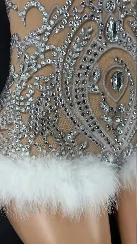 Leotard  Women Sexy Stage Sparkly Rhinestone Long Sleeve Transparent Feather Bodysuit