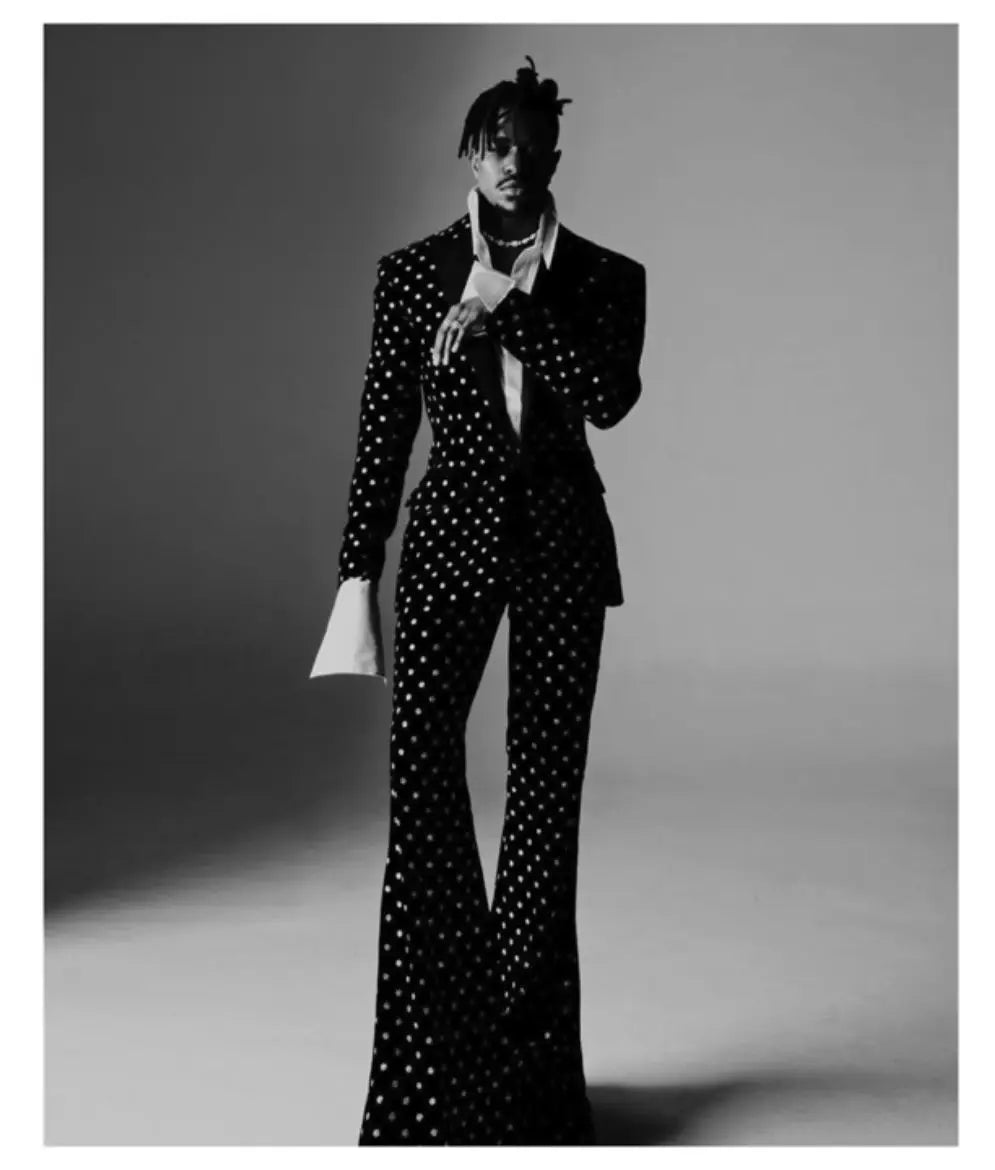 Black Dot Men Suits Set Custom Made Jacket 2 Piece Blazer+Pants Luxury Catwalk Groom Wedding Tuxedo V Neck Coat Trousers