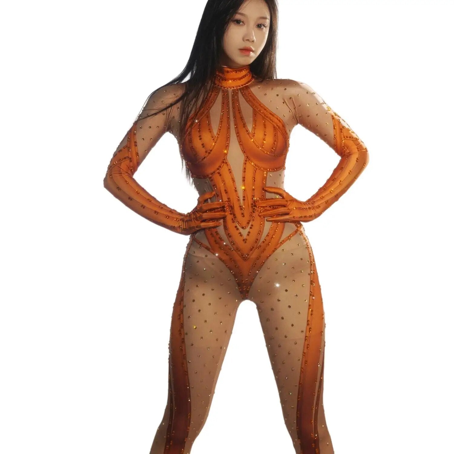 Silver Rhinestones Sexy Nude Golves Jumpsuit Women Dance Stretch Bodysuit Outfit Evening Singer Performance Costume