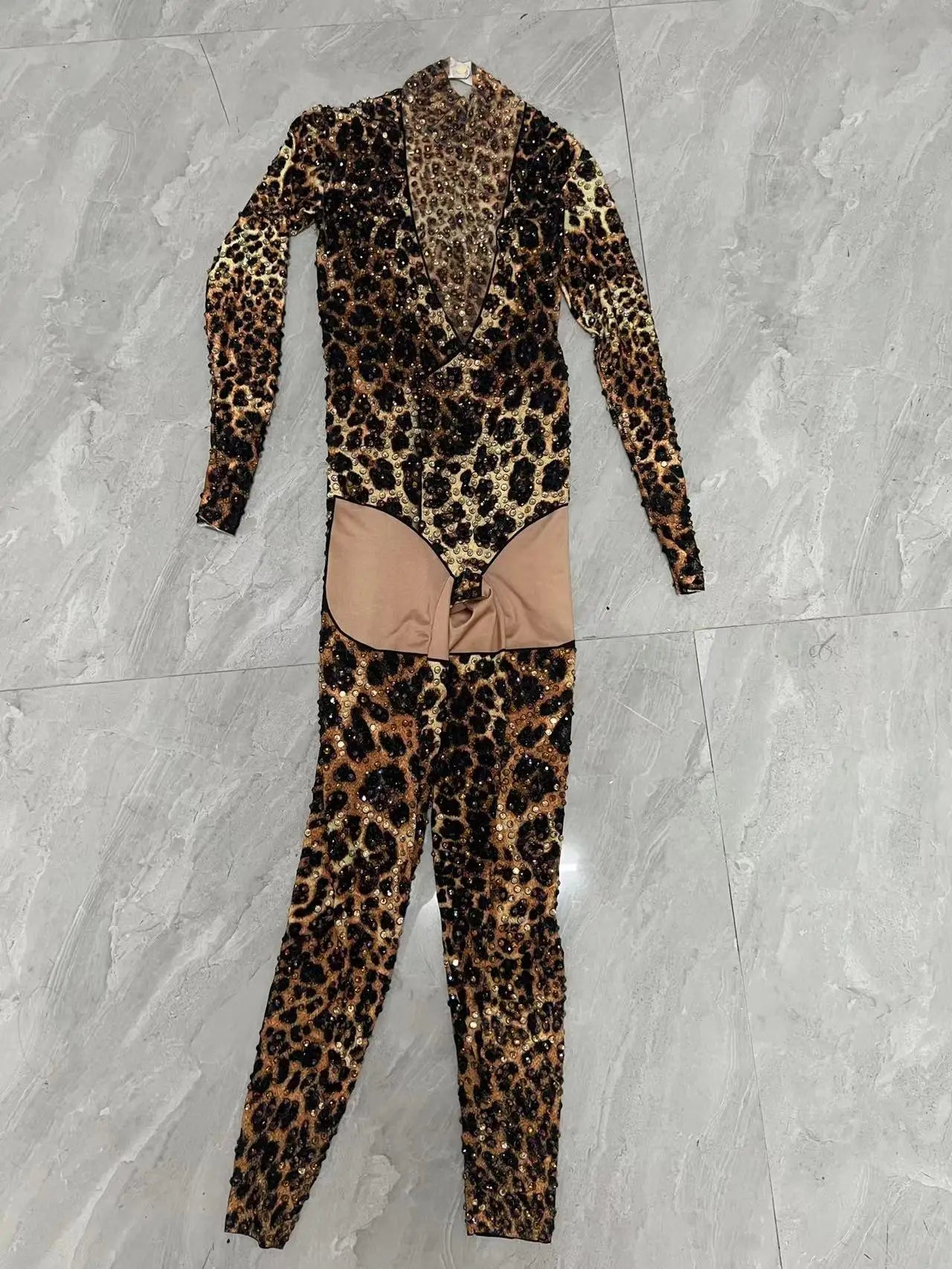 Black Gold Rhinestones Leopard Pattern Stretch Bodysuit Birthday Celebrate Outfit Evening Bar Show Jumpsuit Dancer Costume