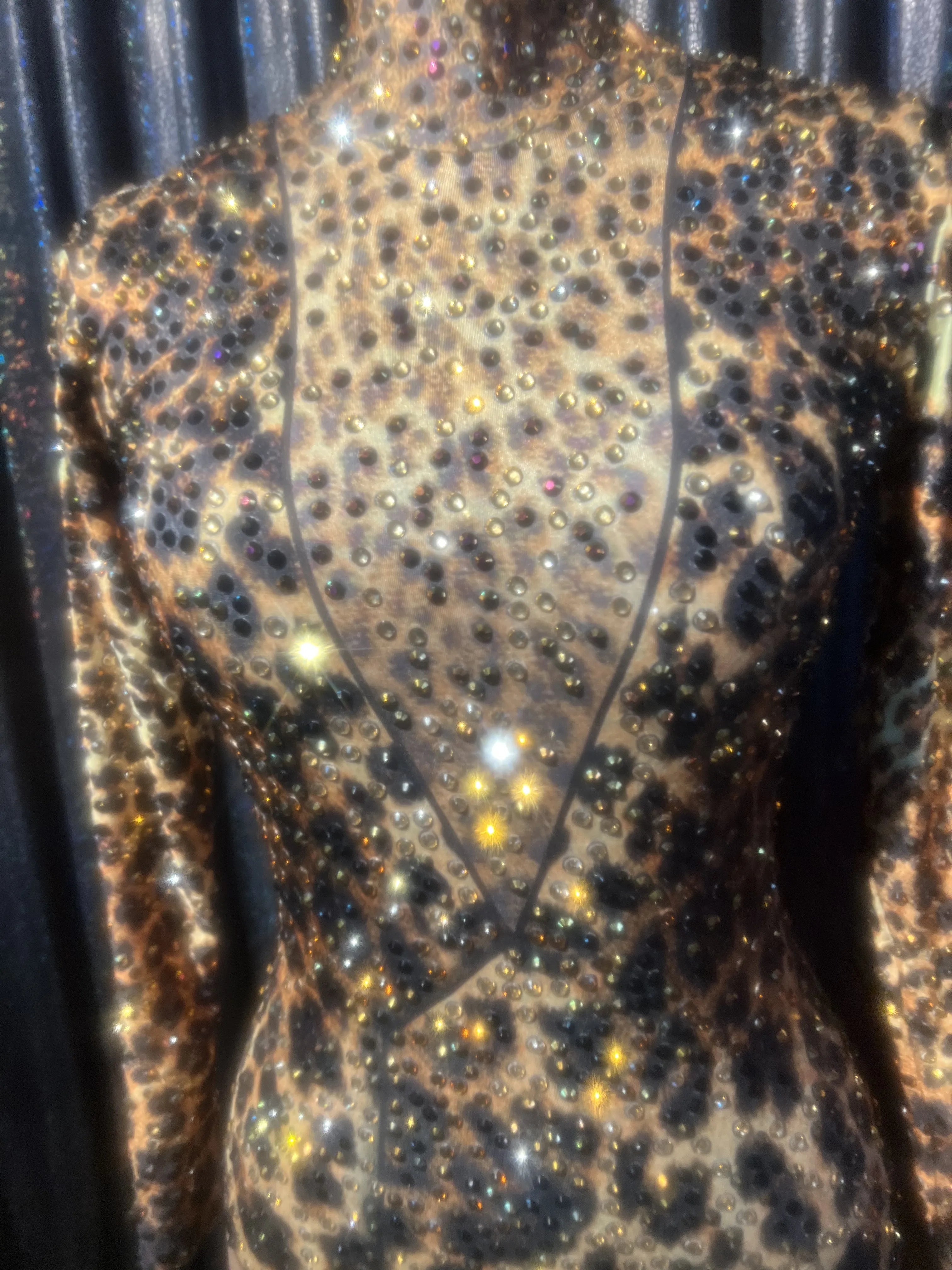 Black Gold Rhinestones Leopard Pattern Stretch Bodysuit Birthday Celebrate Outfit Evening Bar Show Jumpsuit Dancer Costume