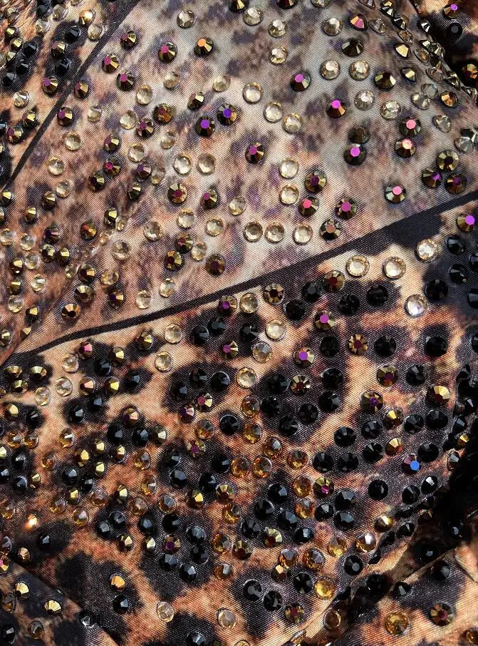 Black Gold Rhinestones Leopard Pattern Stretch Bodysuit Birthday Celebrate Outfit Evening Bar Show Jumpsuit Dancer Costume