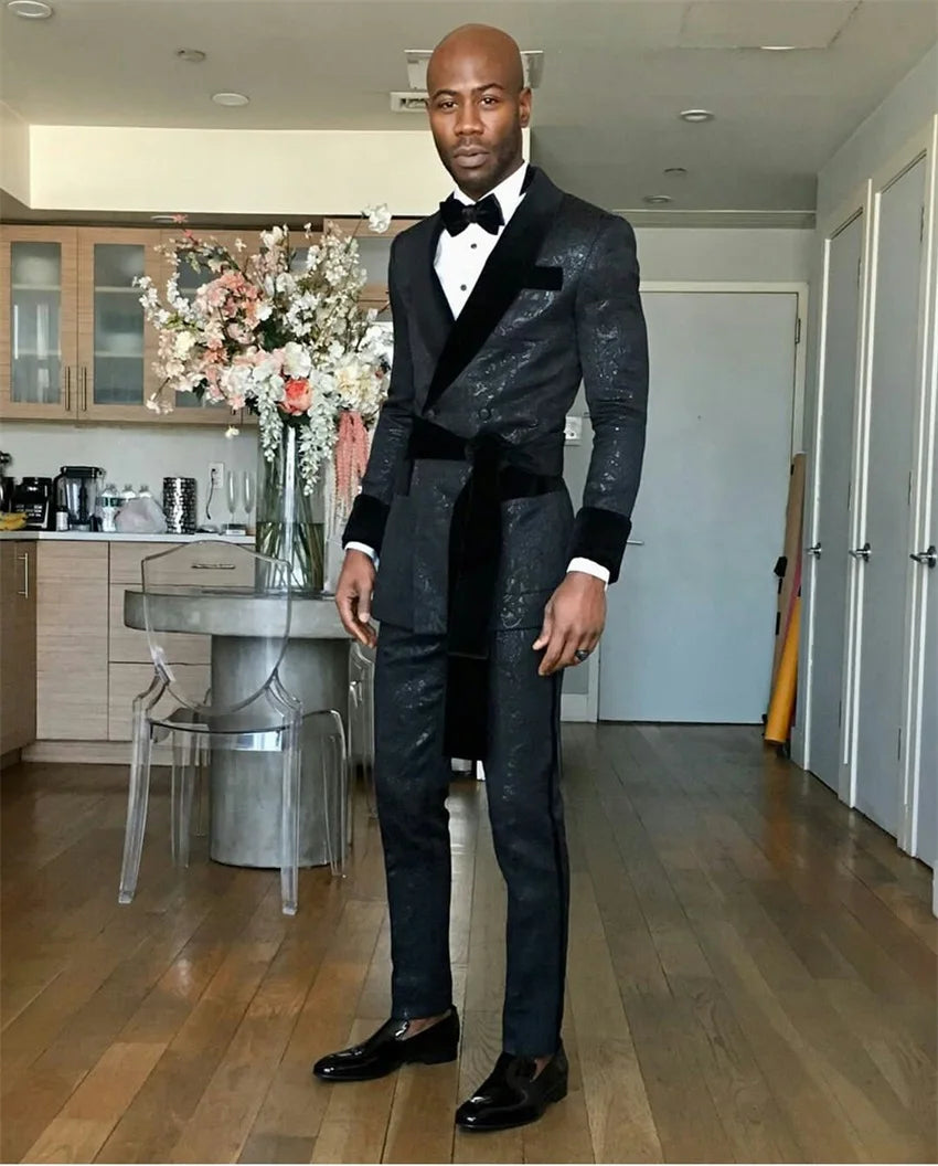 Black Men's Suit with Belt Velvet Lapel Jacquard Wedding Groom Tuxedos Dinner Party Custom Made Jacket and Pants 2 Pcs