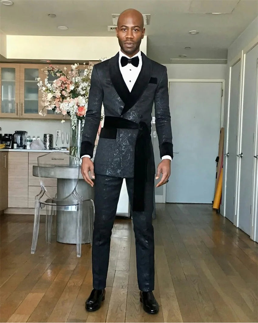Black Men's Suit with Belt Velvet Lapel Jacquard Wedding Groom Tuxedos Dinner Party Custom Made Jacket and Pants 2 Pcs