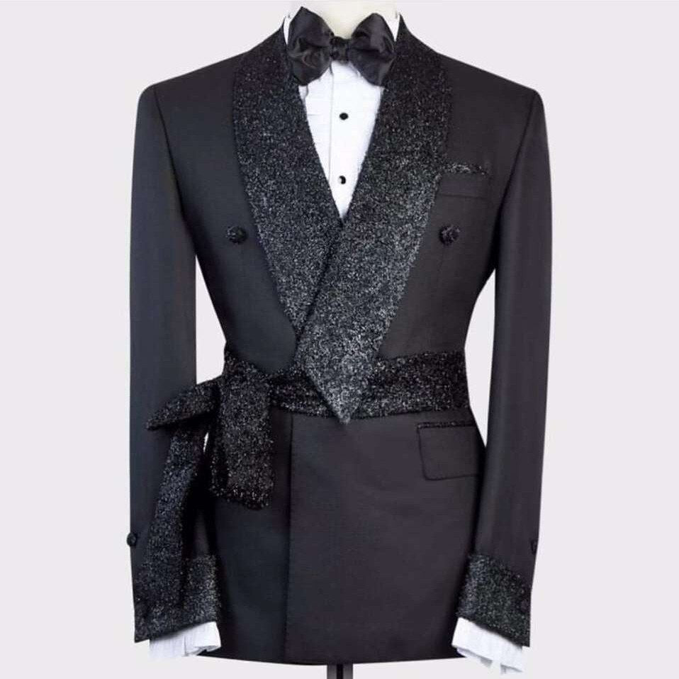 Black Men's Suits Tailor-Made One Piece Blazer with Belt Tuxedo Sheer Lapel Tuxedo Sequins Business Wedding Plus Size
