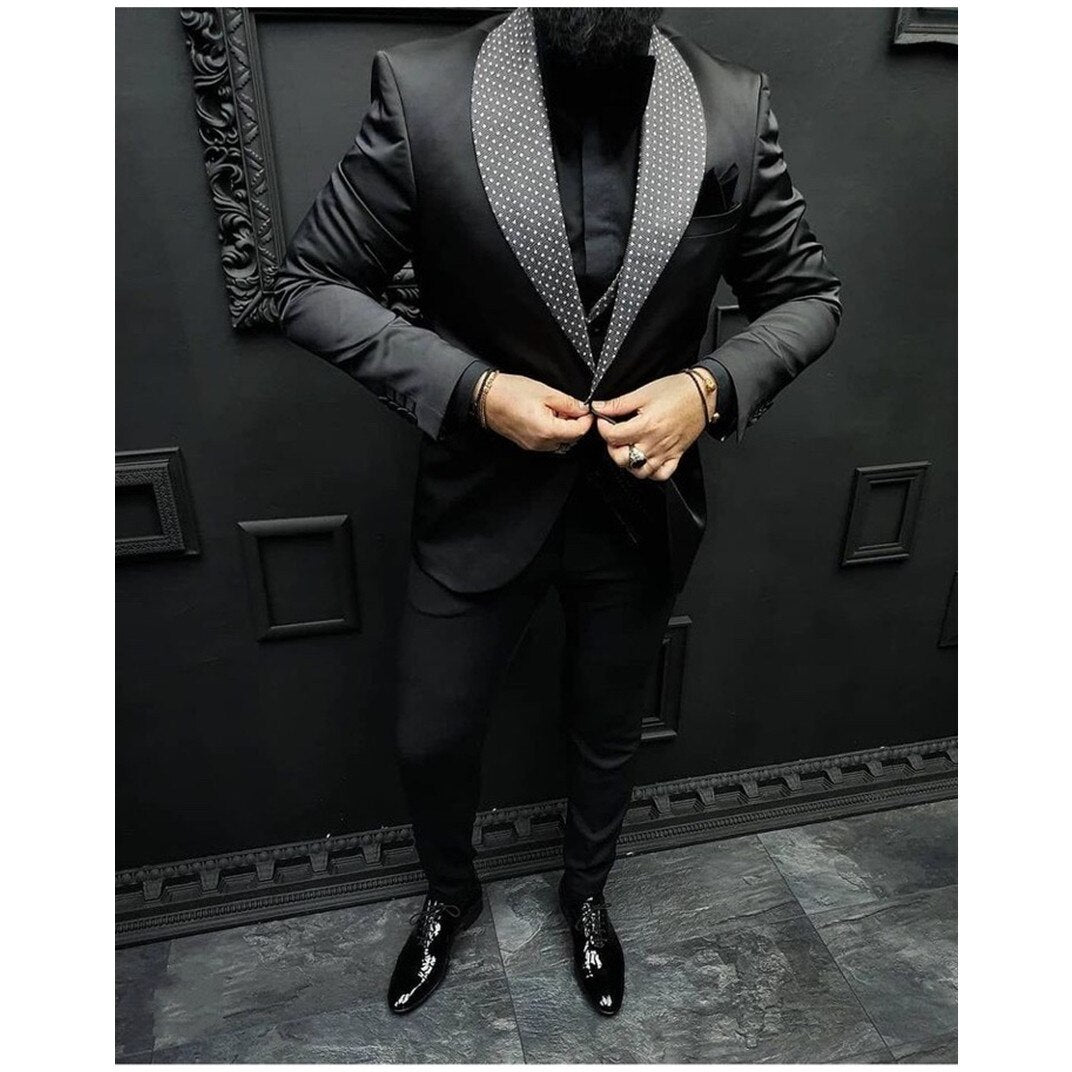 Black Men's Suits Tailored 3 Pieces Blazer Vest Pants One Button Business Dots Lapel Slim Fit Wedding Groom Tailored Plus Size