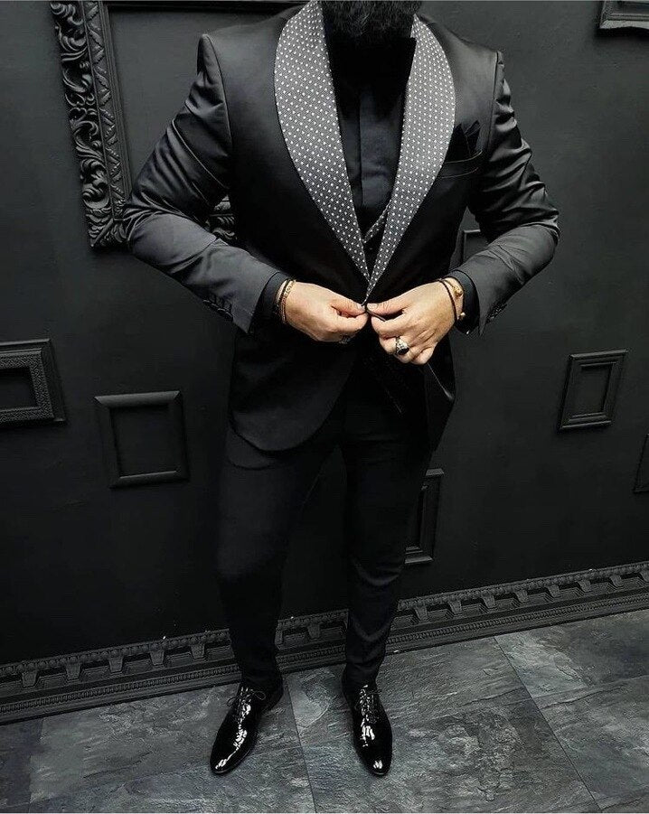 Black Men's Suits Tailored 3 Pieces Blazer Vest Pants One Button Business Dots Lapel Slim Fit Wedding Groom Tailored Plus Size