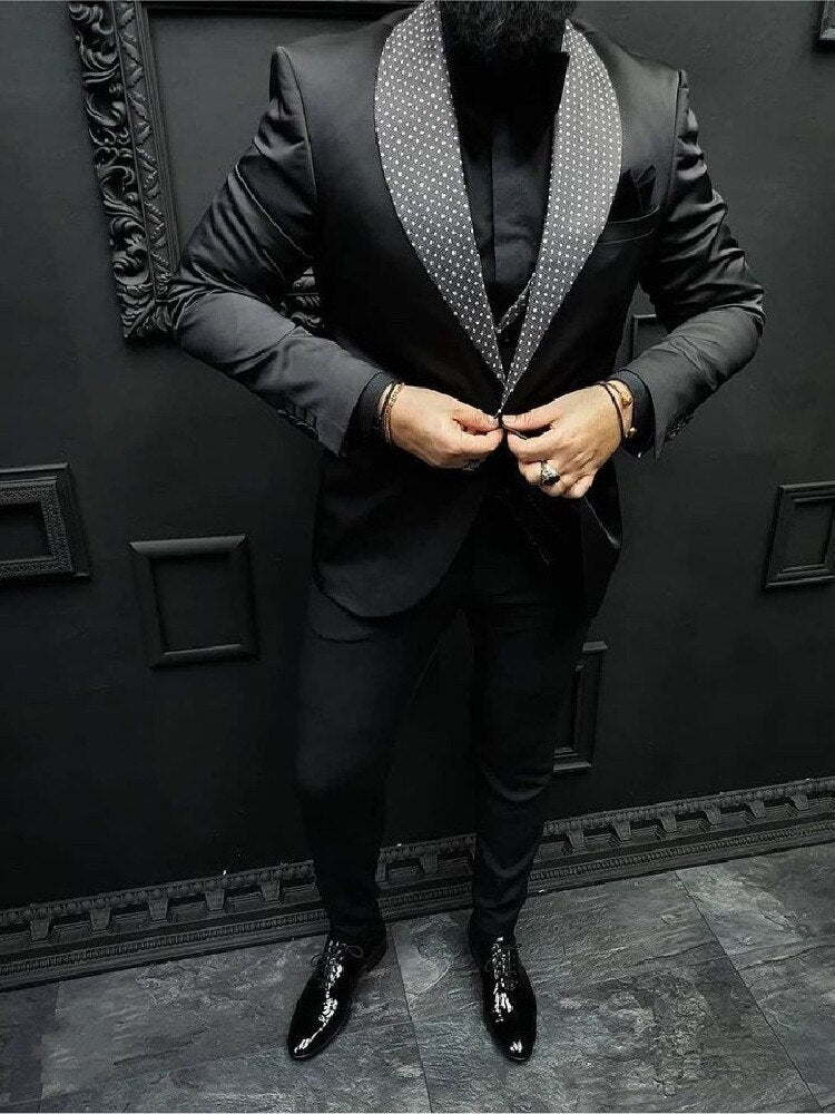Black Men's Suits Tailored 3 Pieces Blazer Vest Pants One Button Business Dots Lapel Slim Fit Wedding Groom Tailored Plus Size