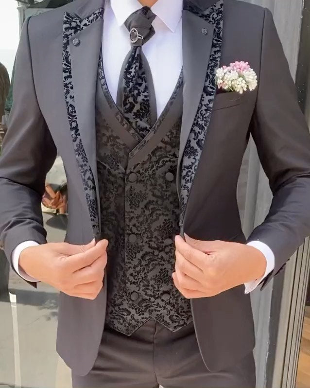 Black Pattern Men Tuxedos Groom One Button Wedding Pants Suits Business Prom Party Blazer Jacket 3 Pieces
