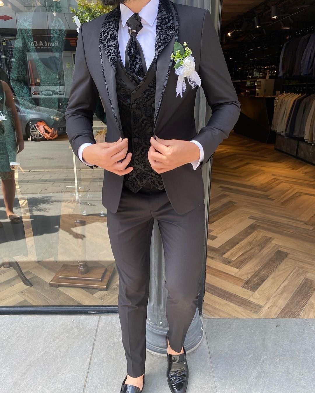 Black Pattern Men Tuxedos Groom One Button Wedding Pants Suits Business Prom Party Blazer Jacket 3 Pieces